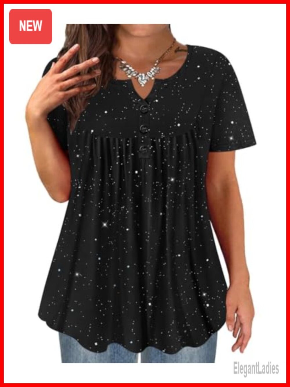 Plus Size Button Up Tunic Top Short Sleeve Henley Blouse Swing Shirt